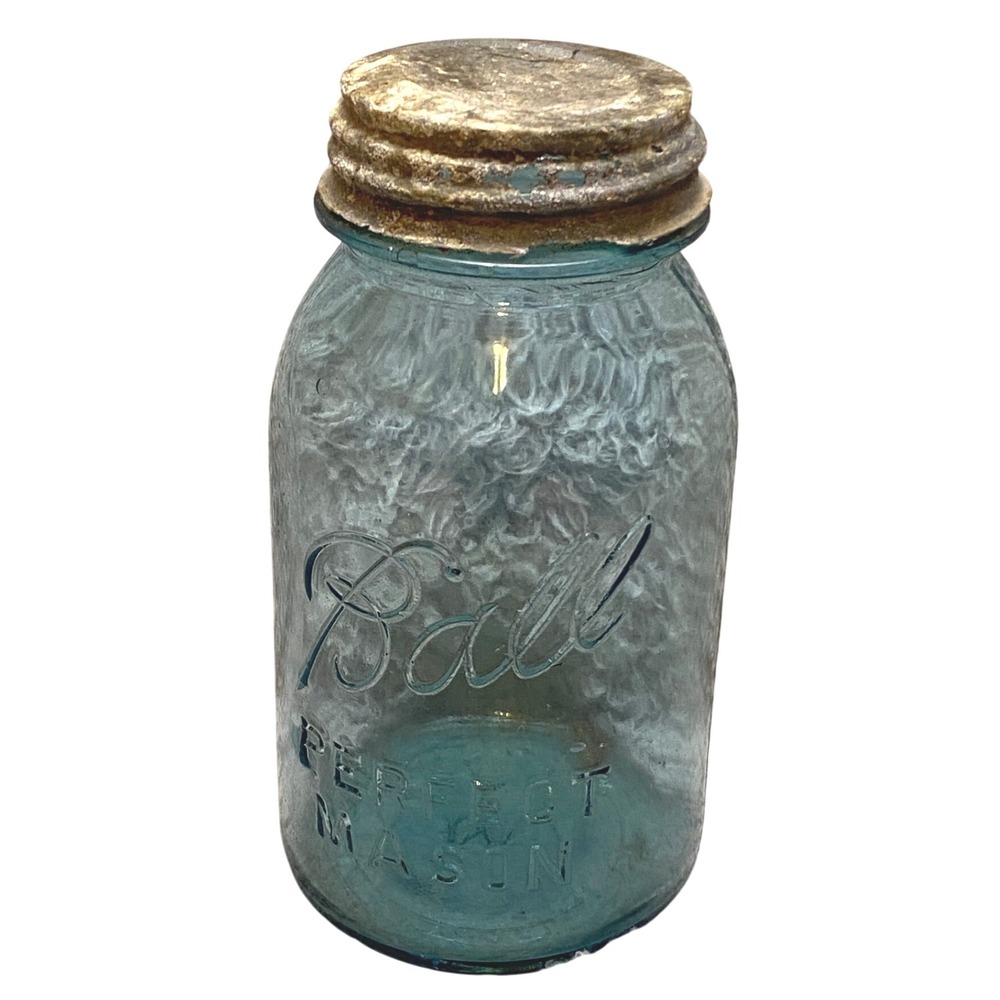Antique Blue Glass Ball Mason Jar Zinc Lid Stamped 8 on‎ Bottom